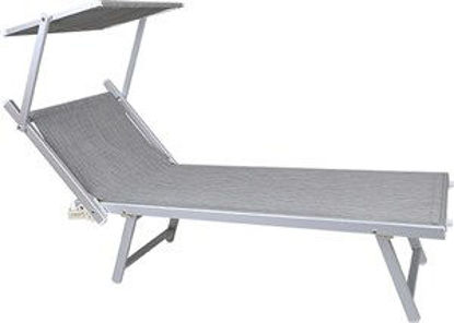 Immagine di lettino con tettuccio riparasole, stuttura in alluminio, seduta in tessuto texilene colore grigio, schienale regolabile in 3 posizioni, dimensioni cm.181x70 h.39                                                                                                                                                                                                                                                                                                                                                   