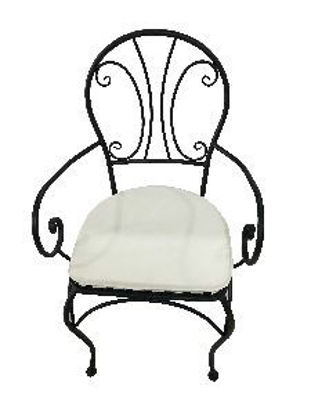 Immagine di sedia in ferro nero con cuscino bianco.rappresenta un elemento classico ed elegante che alla praticità unisce l'eleganza dell'oggetto d'arredo in stile shabby chic. misure cm. l.52 p.51 h.82                                                                                                                                                                                                                                                                                                                      