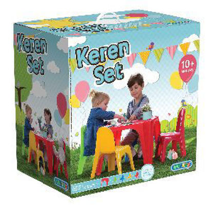 Immagine di set per bambini keren in polipropilene, composto da 1 tavolo dimensioni cm. 55,5x55,5 h. 37,5, 4 sedie dimensioni cm. 35x25,5 h. 40,5 colori assortiti.                                                                                                                                                                                                                                                                                                                                                             