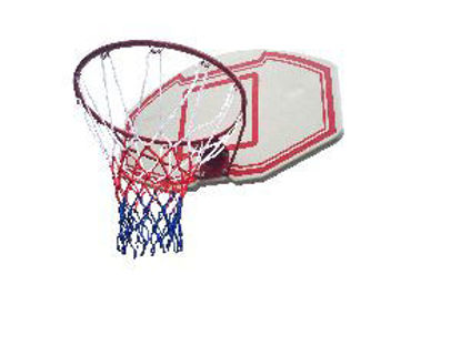Immagine di tabellone da basket in plastica soffiata, dimensioni cm.90x60, diametro cerchio cm.45 con rete in nylon.                                                                                                                                                                                                                                                                                                                                                                                                            
