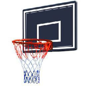 Immagine di tabellone da basket in plastica soffiata, dimensioni cm.80x56, diametro cerchio cm.38 con rete in nylon.                                                                                                                                                                                                                                                                                                                                                                                                            