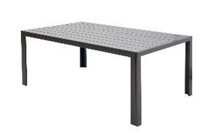 Immagine di tavolo fisso, struttura in alluminio, ripiano con doghe in polywood colore grigio, dimensionicm.180x90 h.73                                                                                                                                                                                                                                                                                                                                                                                                         