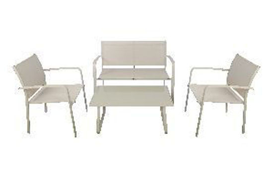 Immagine di set acciaio e textilene composto da 2 poltroncine + 1  divanetto +  tavolino                                                                                                                                                                                                                                                                                                                                                                                                                                        